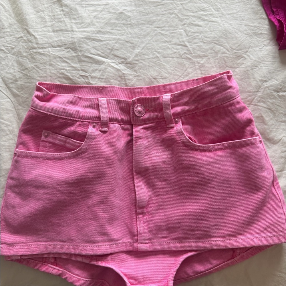 Push Button High-Rise Pink Denim Skort
